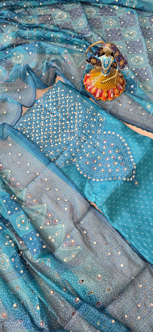 Party wear mirror bandhani organza set [ with lining ] - blue
