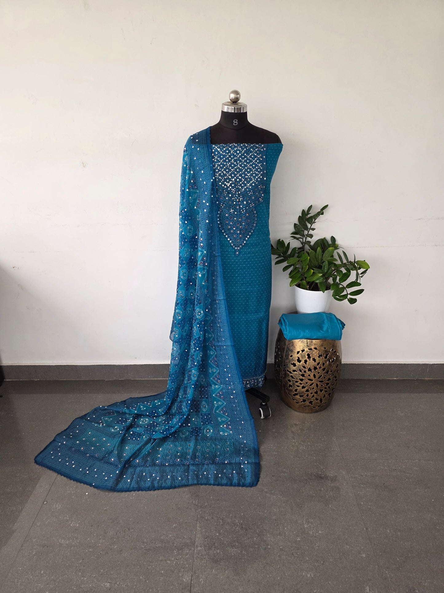 Party wear mirror bandhani organza set [ with lining ] - blue