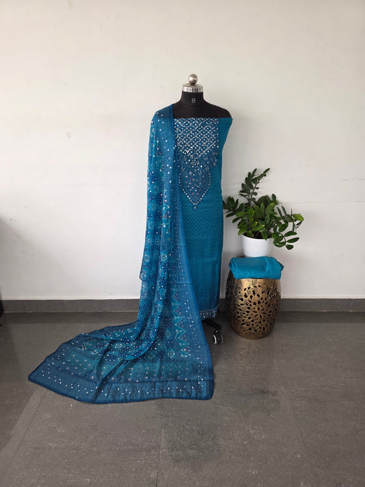 Party wear mirror bandhani organza set [ with lining ] - blue