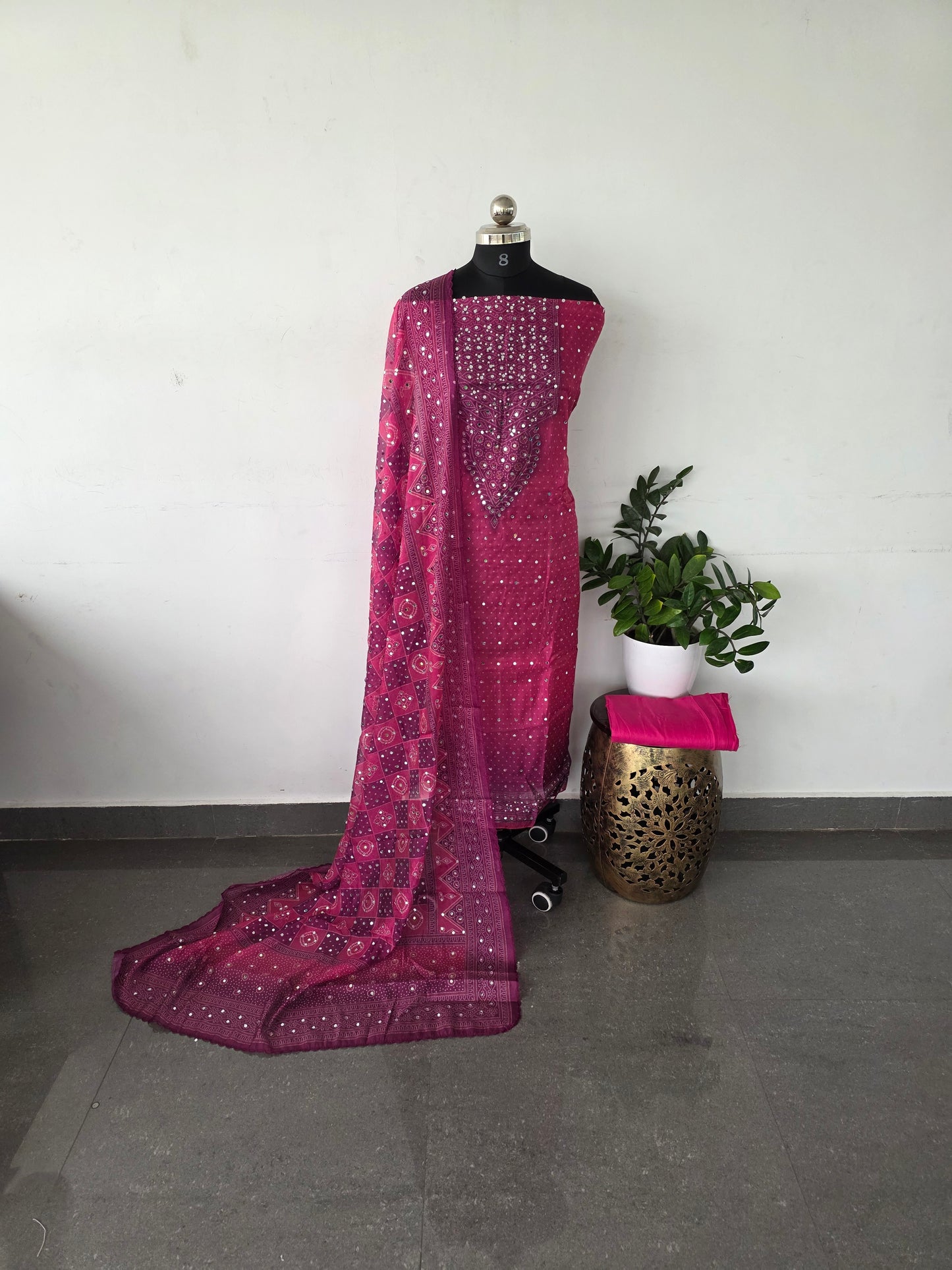 Party wear mirror bandhani organza set [ with lining ] - pink