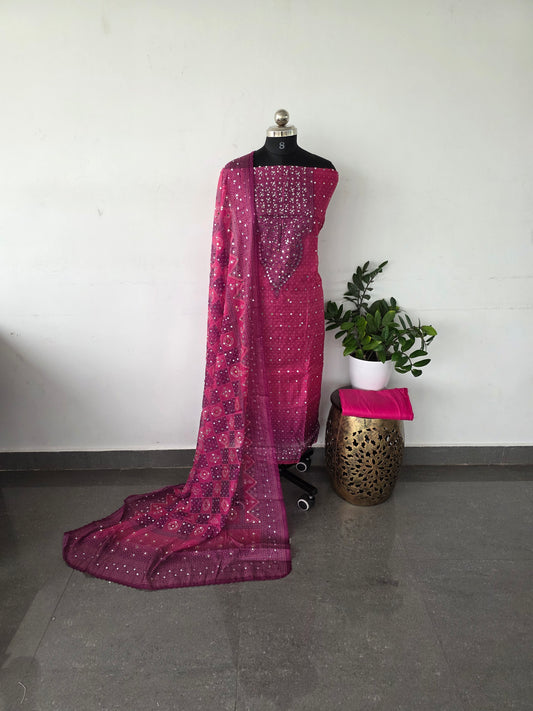 Party wear mirror bandhani organza set [ with lining ] - pink