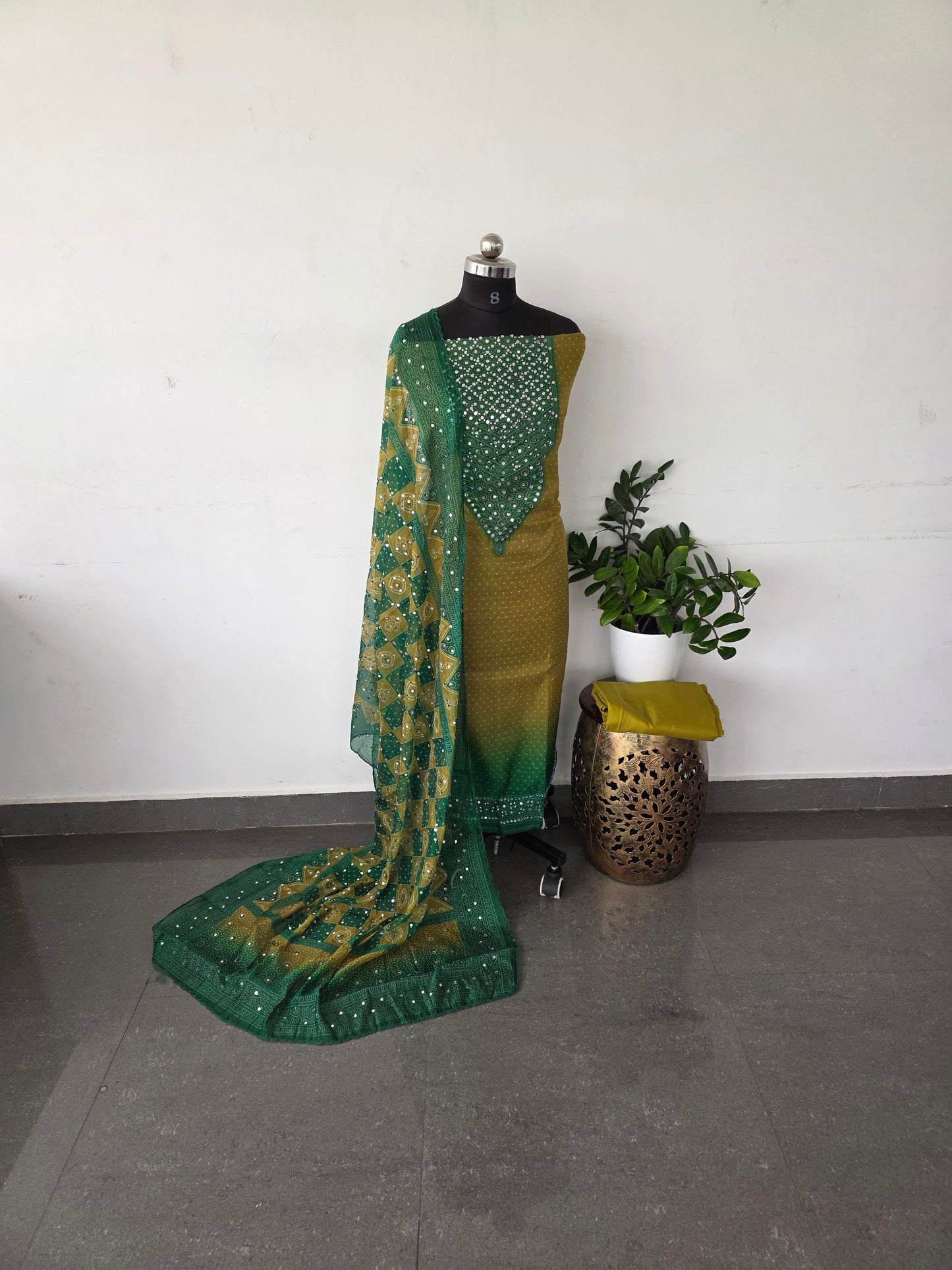 Party wear mirror bandhini organza set [ with lining ] - green
