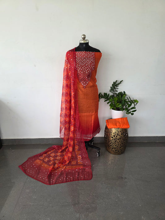 Party wear mirror bandhani organza set [ with lining[ - orange