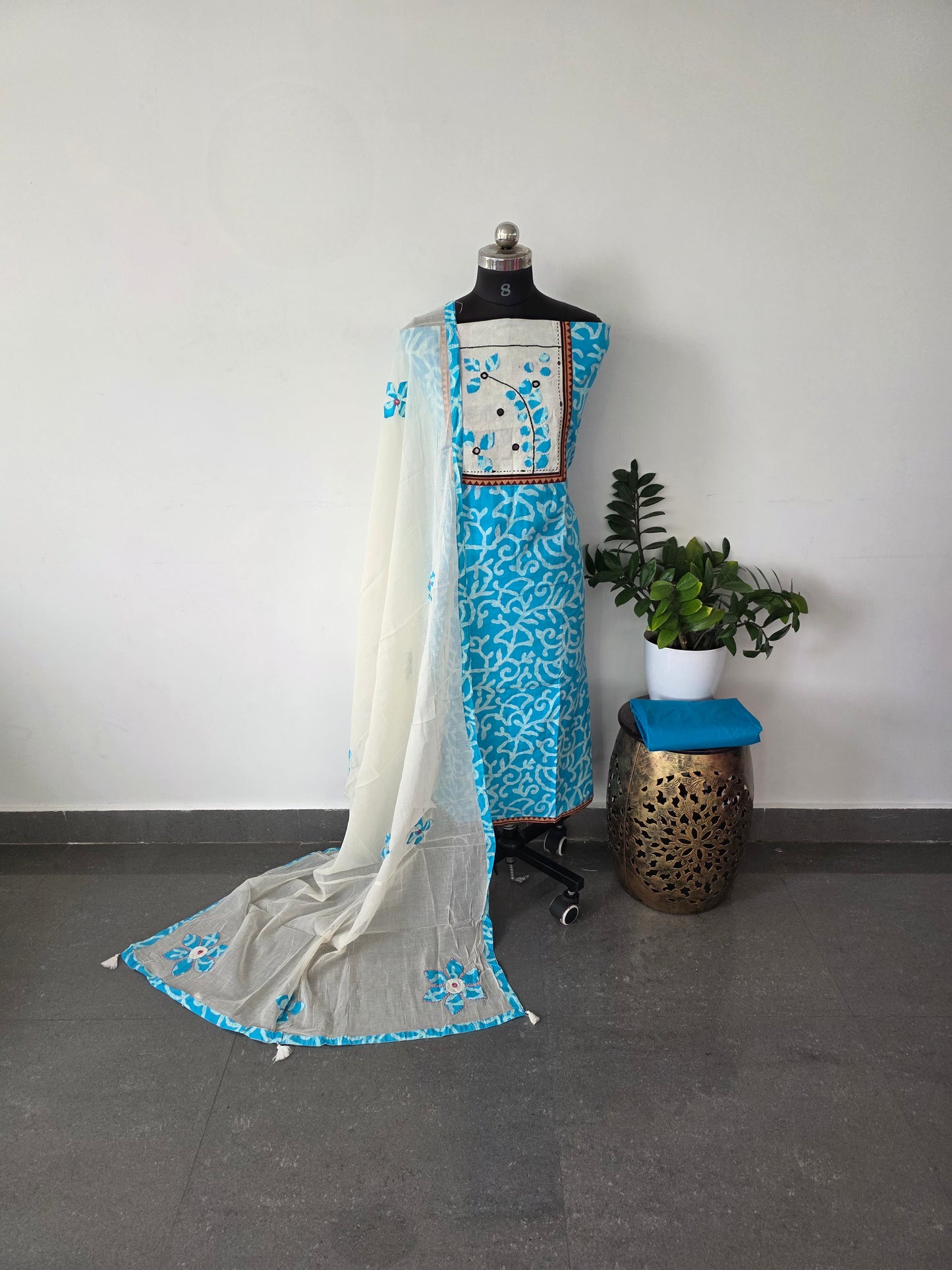 Premium soft batik cotton set with applique work - blue