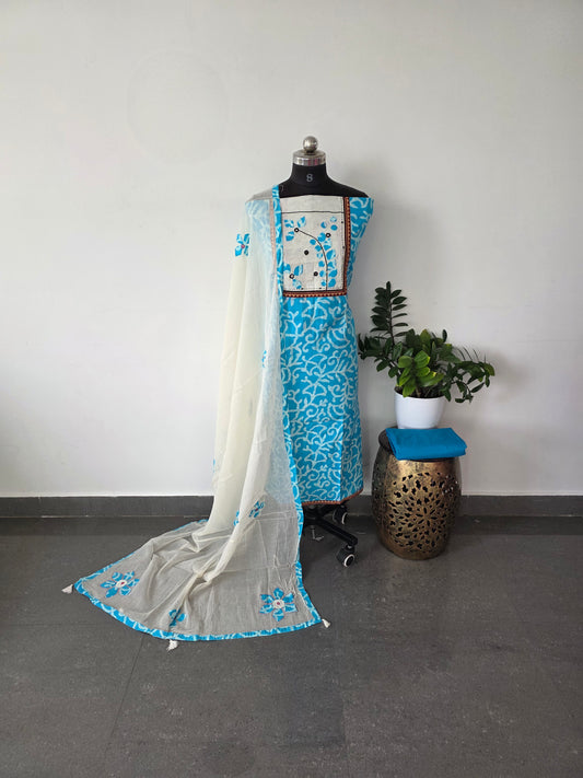 Premium soft batik cotton set with applique work - blue