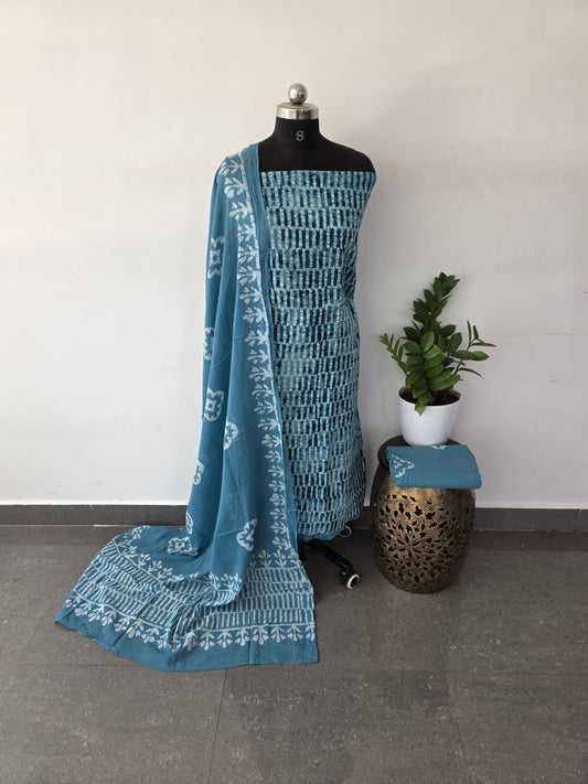 Premium batik cotton  with hakoba chikankari work set - deel blue