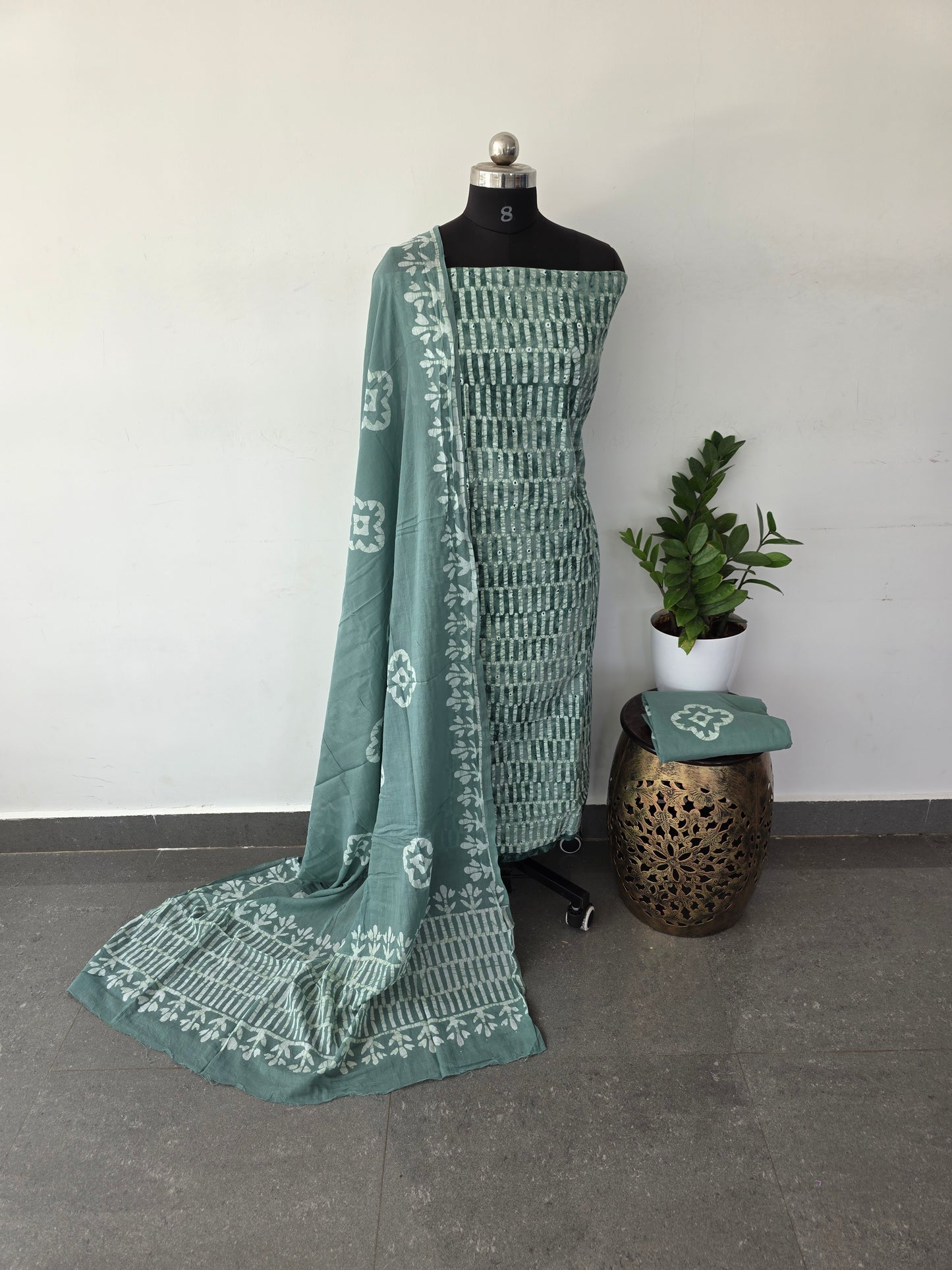 premium batik cotton top with hakoba chikankari work set - green