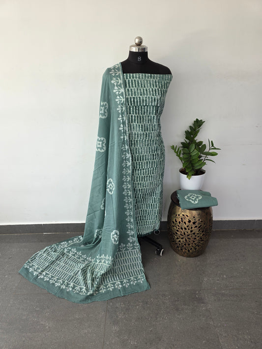 premium batik cotton top with hakoba chikankari work set - green