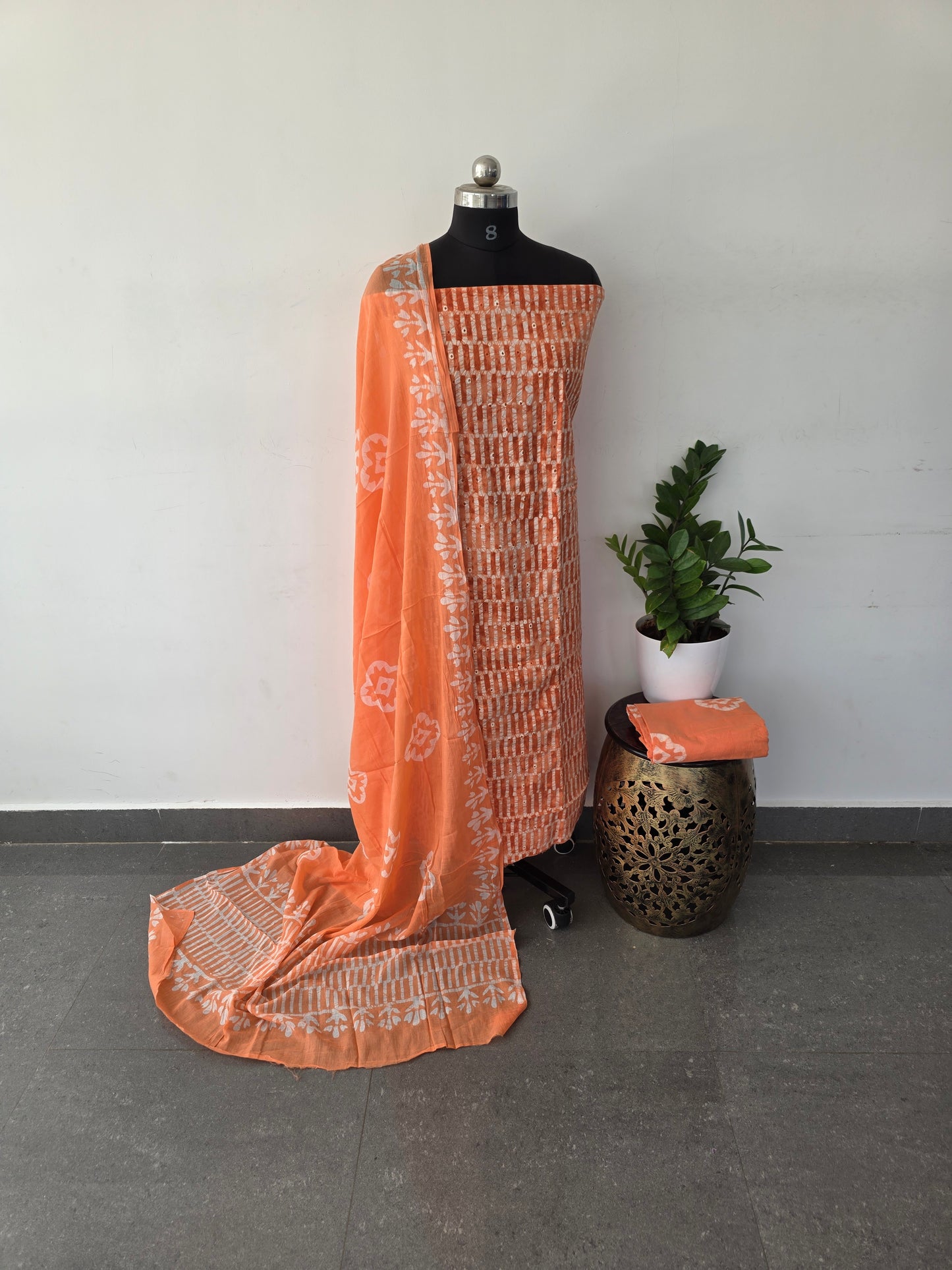 premium batik cotton top with hakoba chikankari work set - orange