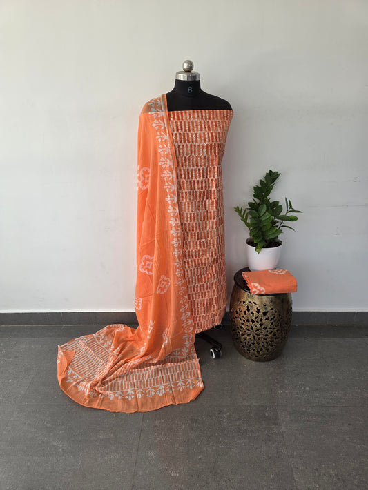 premium batik cotton top with hakoba chikankari work set - orange