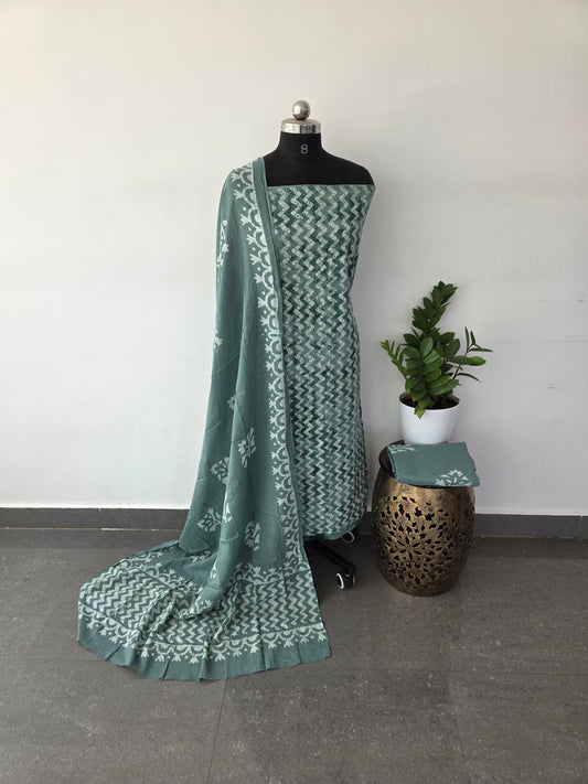 premium batik cotton top with hakoba chikankari work set - green