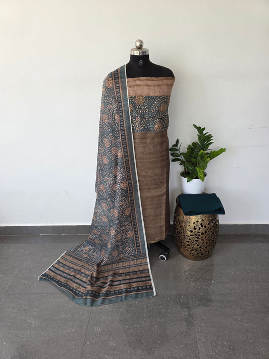 premium digital giccha silk set with embroidery work - dark green