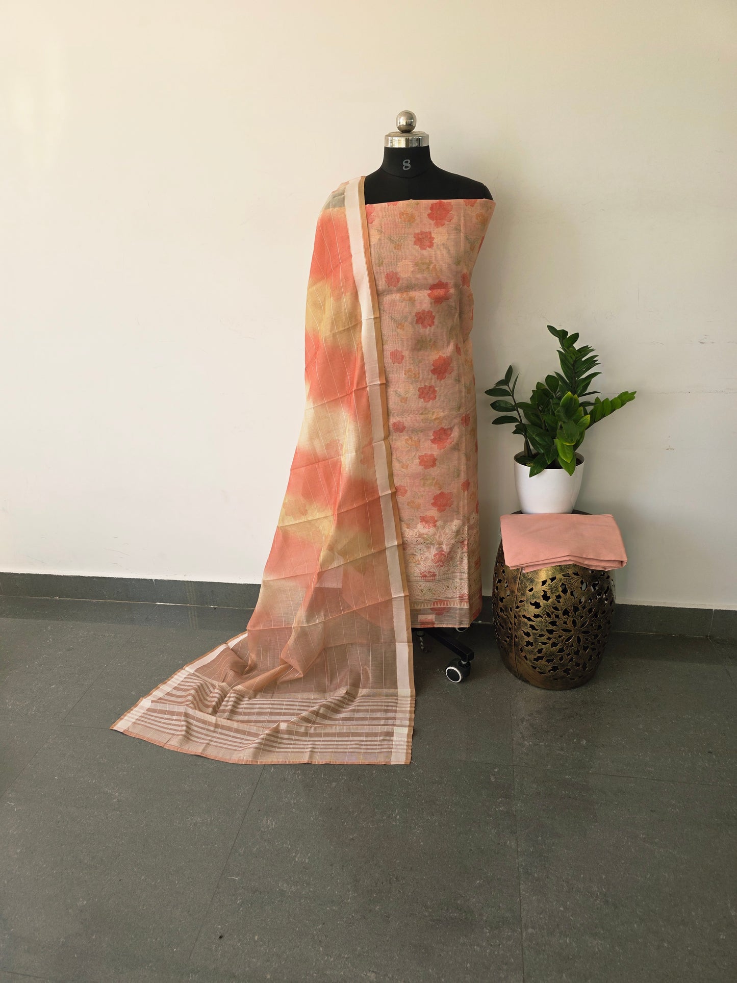 Premium jamdhani digital chanderi silk set - orange