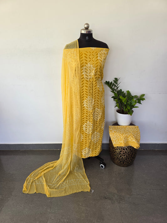 Premium jaipuri handblock applique cotton set with chiffon shawl - Yellow