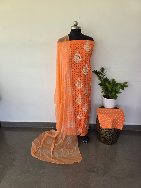 Premium  jaipuri applique cotton set with chiffon  shawl - Orange