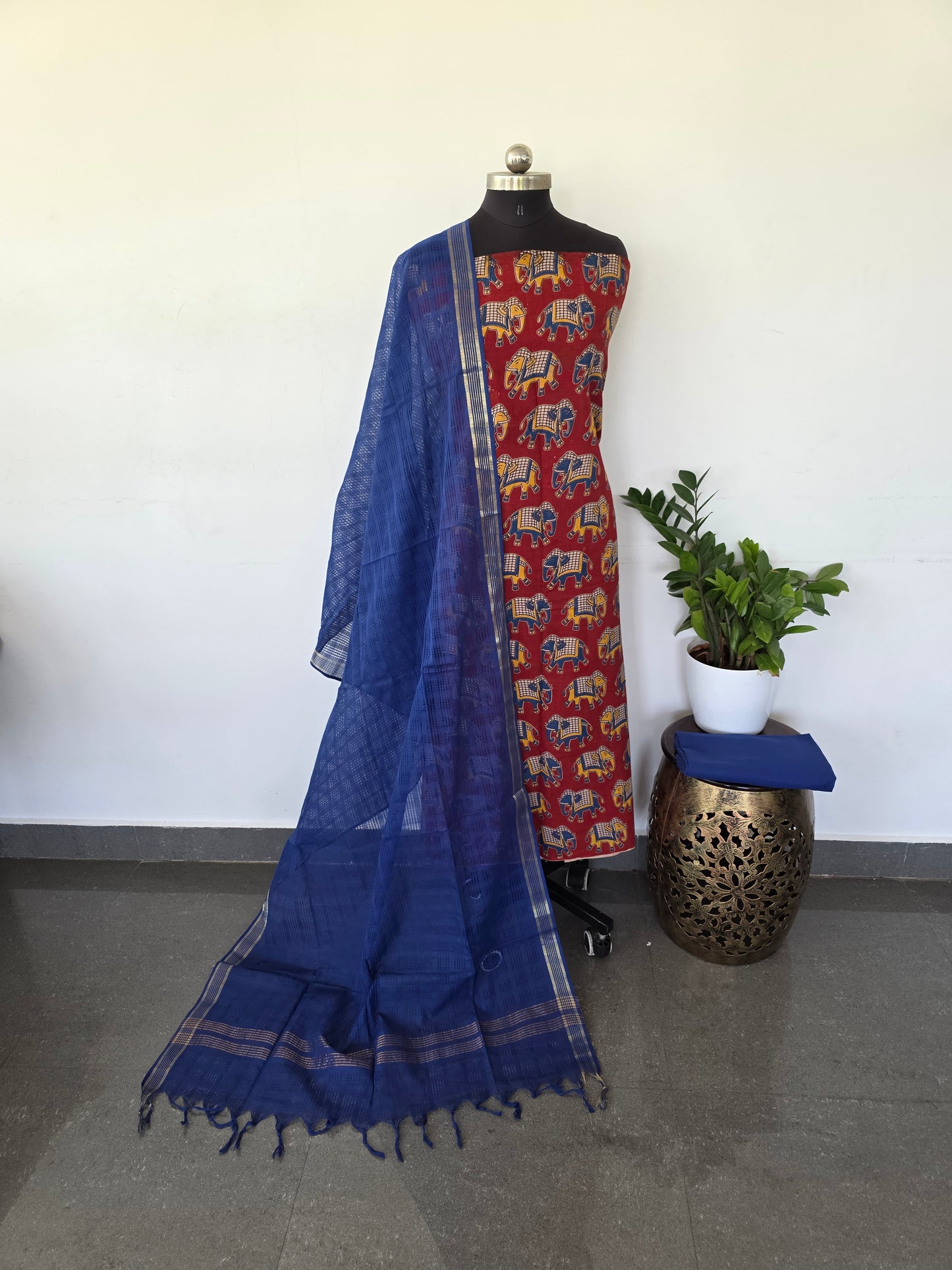 Authentic pure kalamkari cotton set - Blue elephant