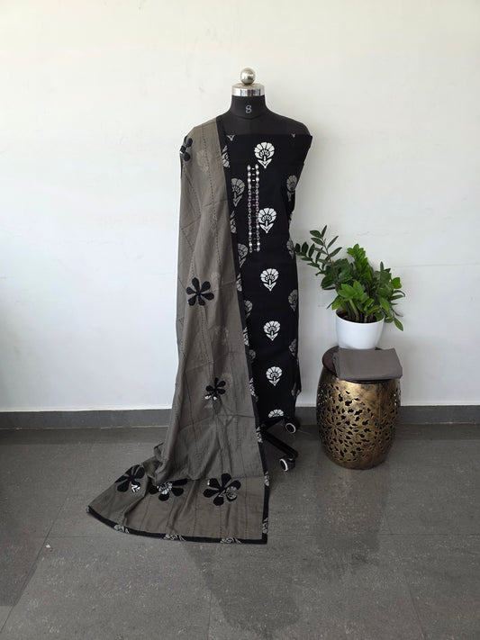 Pure cotton set with kantha chanderi silk shawl - Black