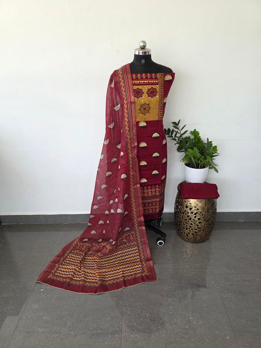 Premium heavy satin cotton with linen duppatta set - red