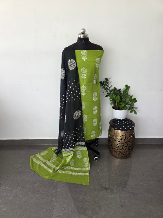Handblock jaipuri cotton set - Parrot green with black