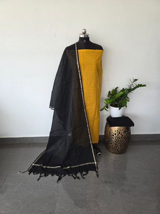 Handloom checked cotton set - yellow with black