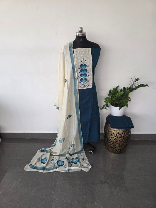 Pure kantha cotton set with brush painted soft silk shawl set - blue