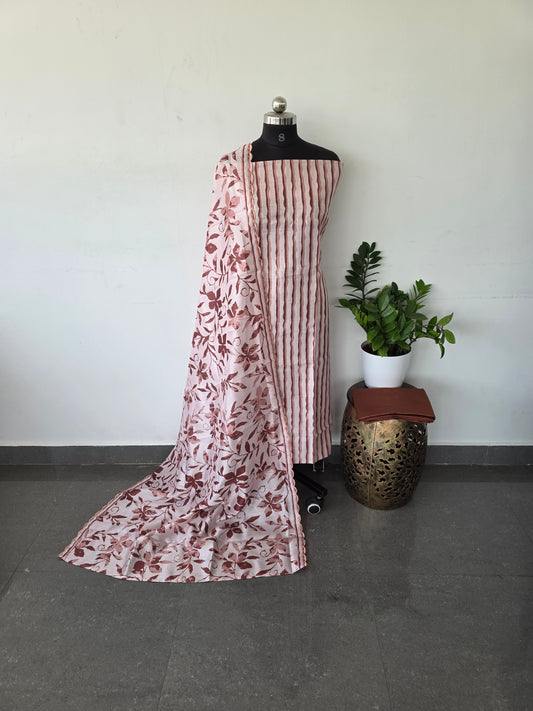 Semi tussar silk set - Light brown stripes