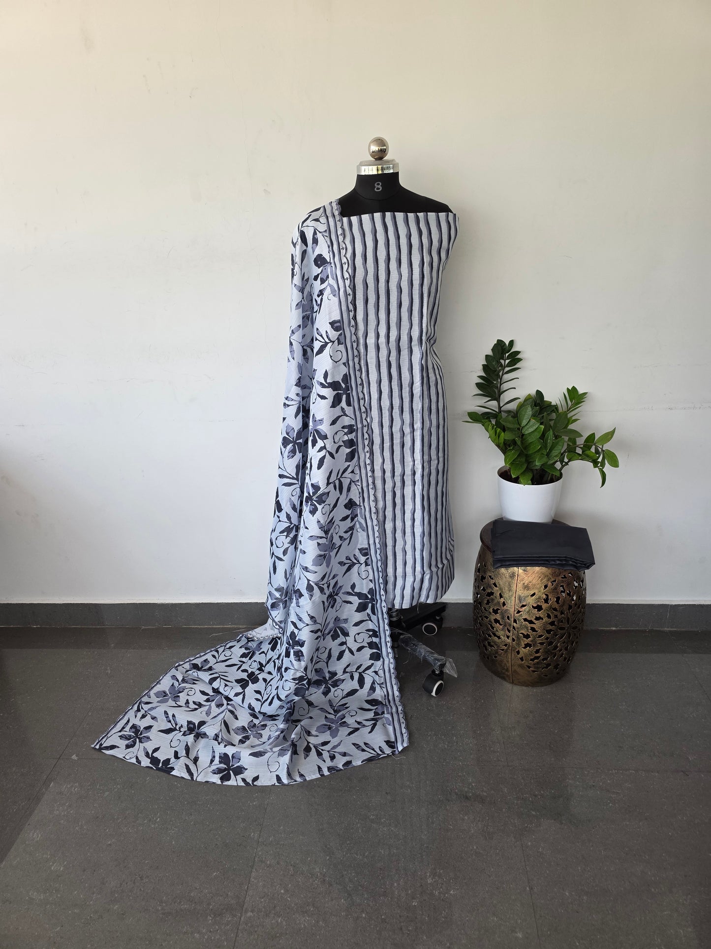 Semi tussar silk set- Grey stripes