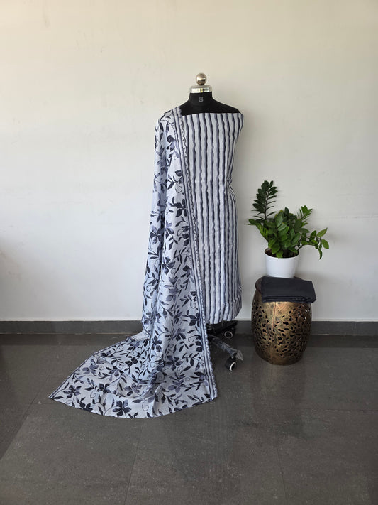 Semi tussar silk set- Grey stripes