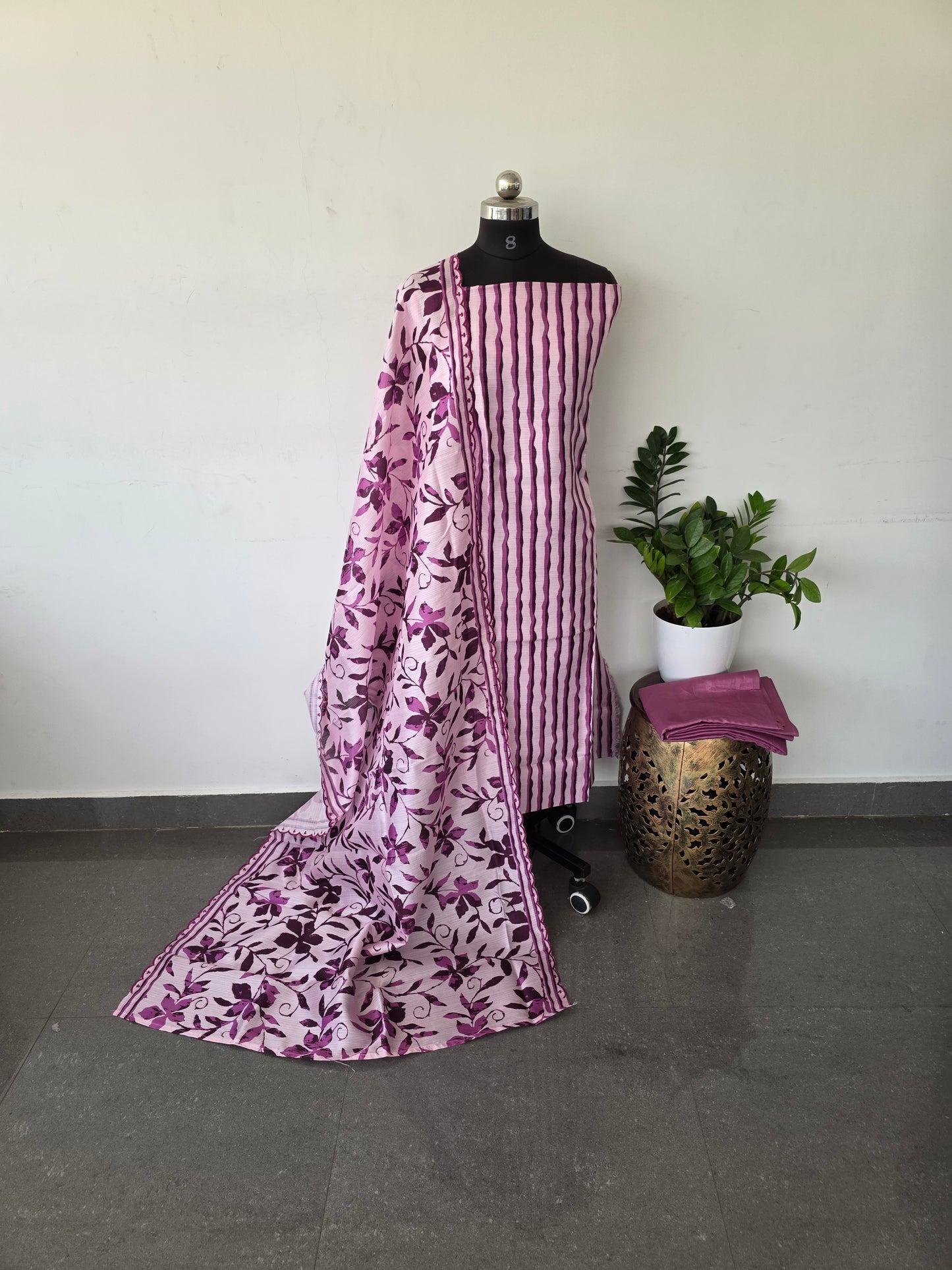Semi tussar silk set- wine stripes