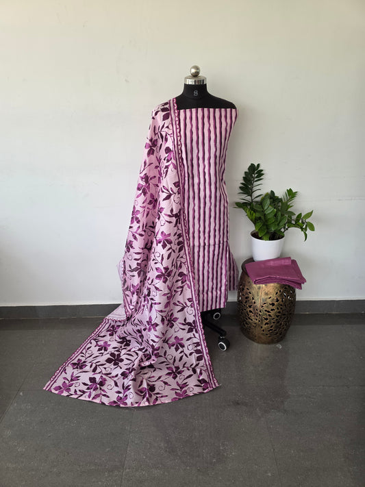 Semi tussar silk set- wine stripes