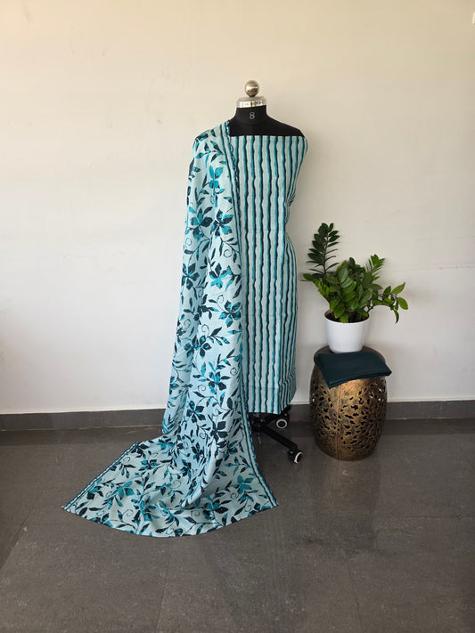 semi tussar silk set - blue stripes
