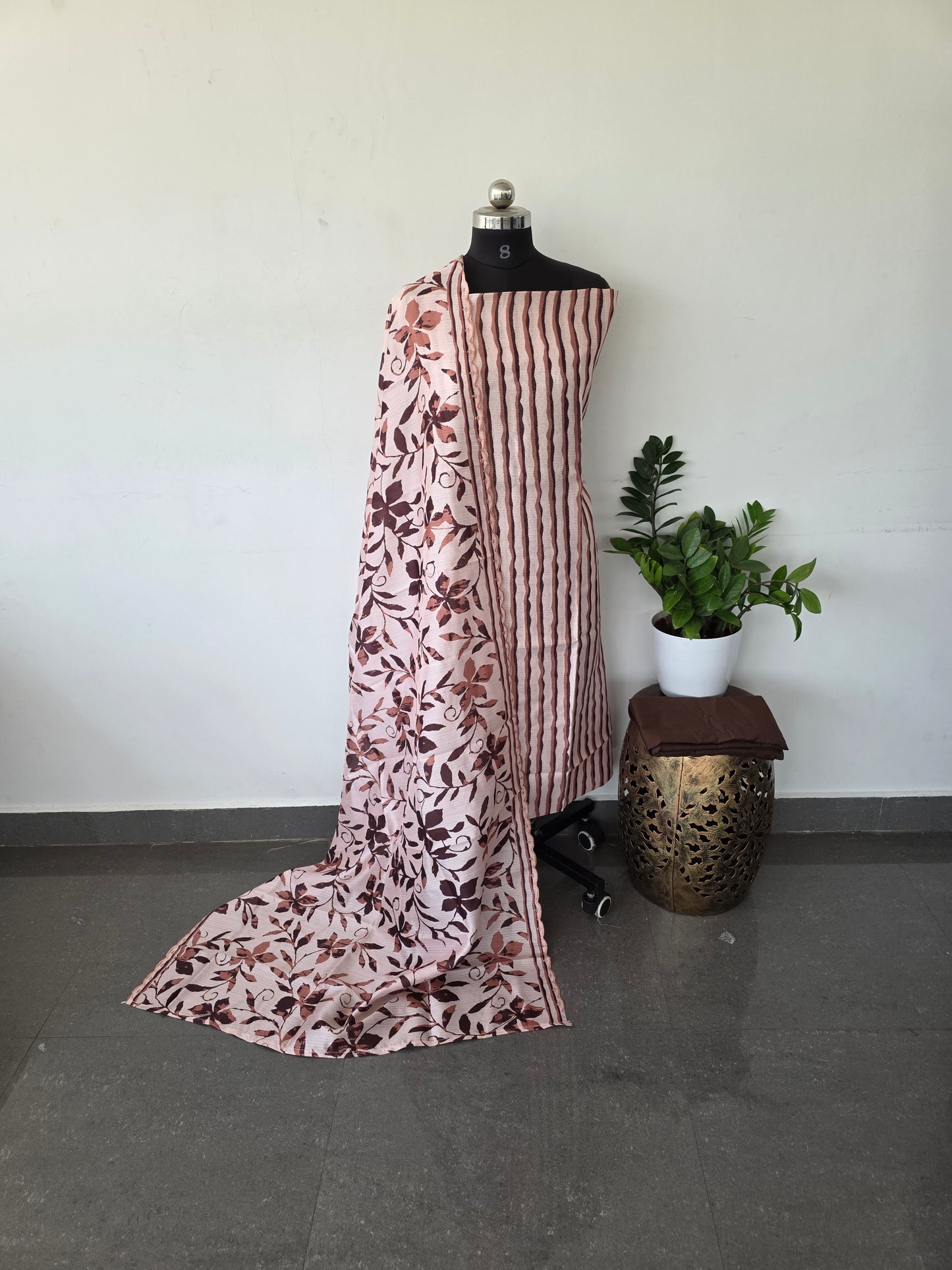 Semi tussar silk set -Coffee Brown stripes