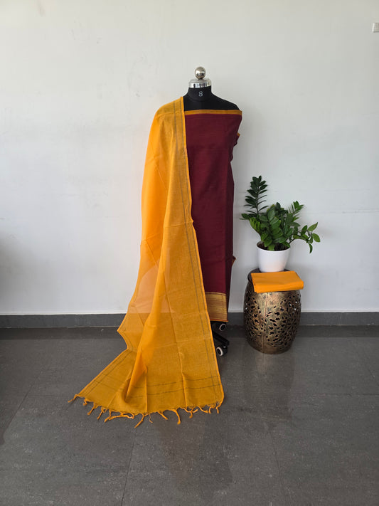 Pure cotton top with kanchi border - maroon with yellow
