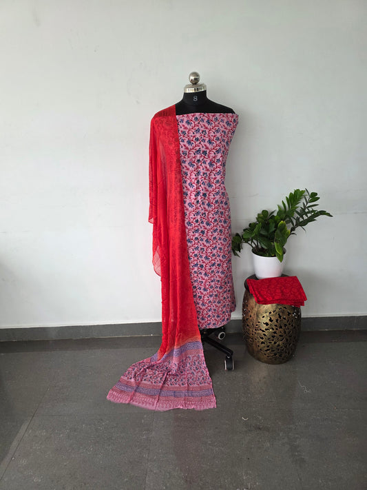 Jaipuri handblack cotton top with chiffon shawl set - pink