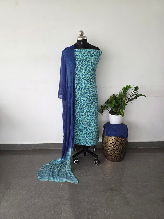 Jaipuri handblock cotton top with chiffon shawl - blue duppatta