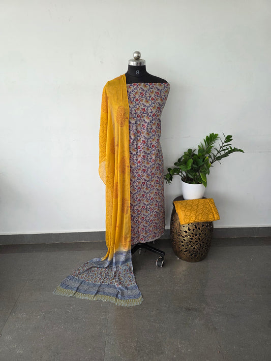 Jaipuri handblock cotton top with chiffon shawl set - yellow duppatta