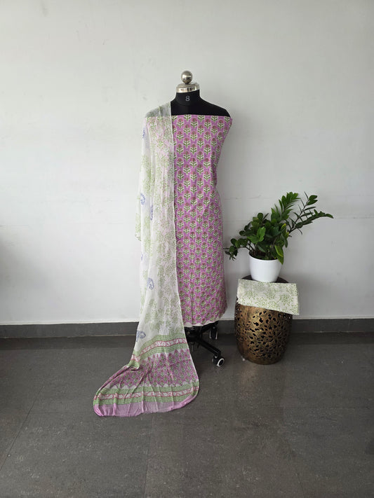 Jaipuri handblock cotton set with chiffon shawl set - light pink