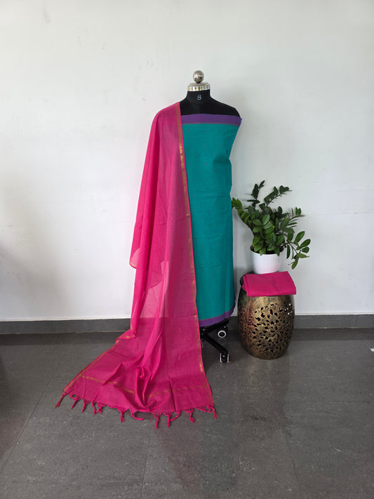 Pure handloom cotton set - teal blue  with pink shawl  H2