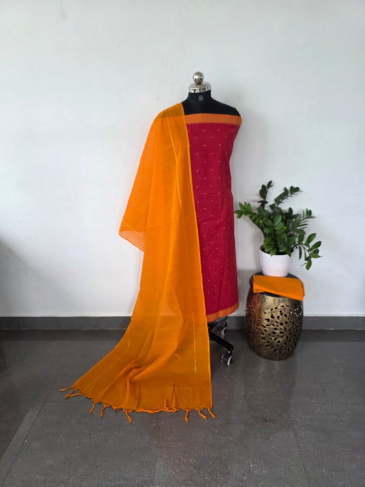 Pure handloom cotton set - red with yellow shawl H10