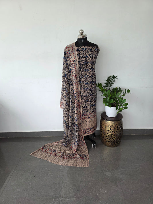 Handblock kalamkari cotton set - black flag flower