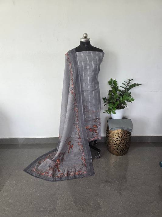 Premium digital semi linen silk set - Grey bird
