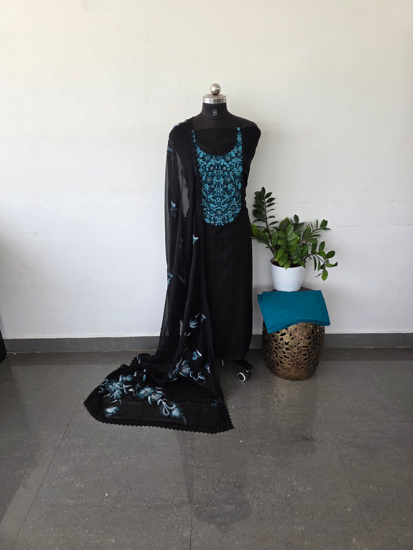 Pure hakoba cotton with heavy embroidery work and brush painted chiffon shawl - black with blue