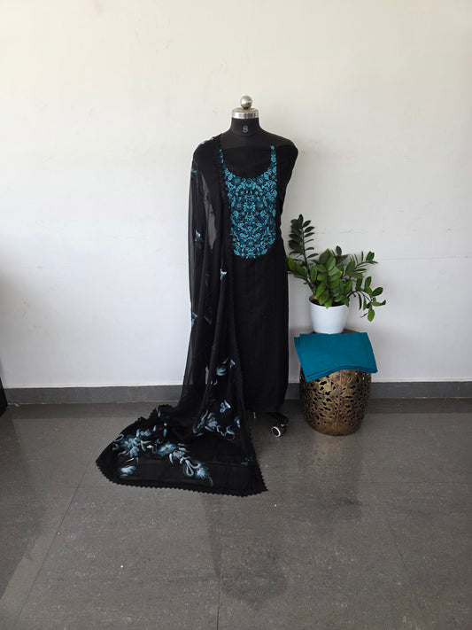 Pure hakoba cotton with heavy embroidery work and brush painted chiffon shawl - black with blue
