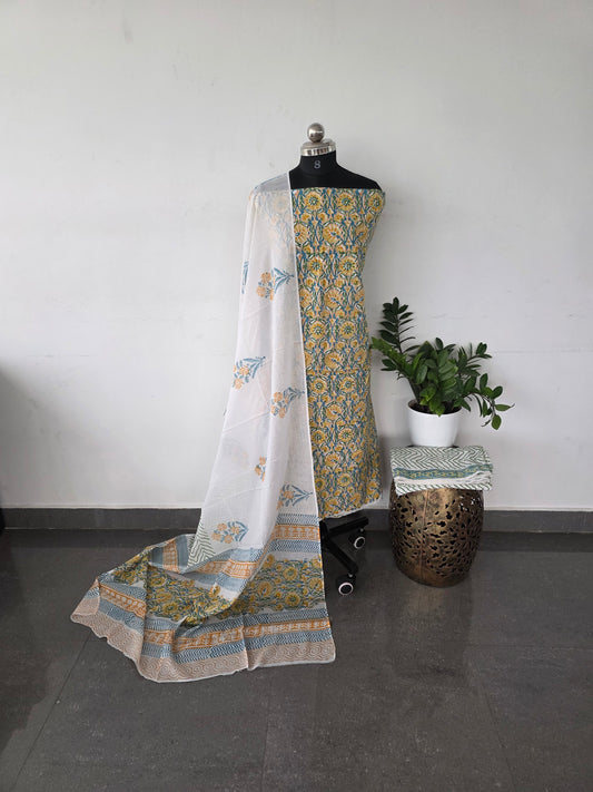 Jaipuri handblock cotton set - yellow with white 2