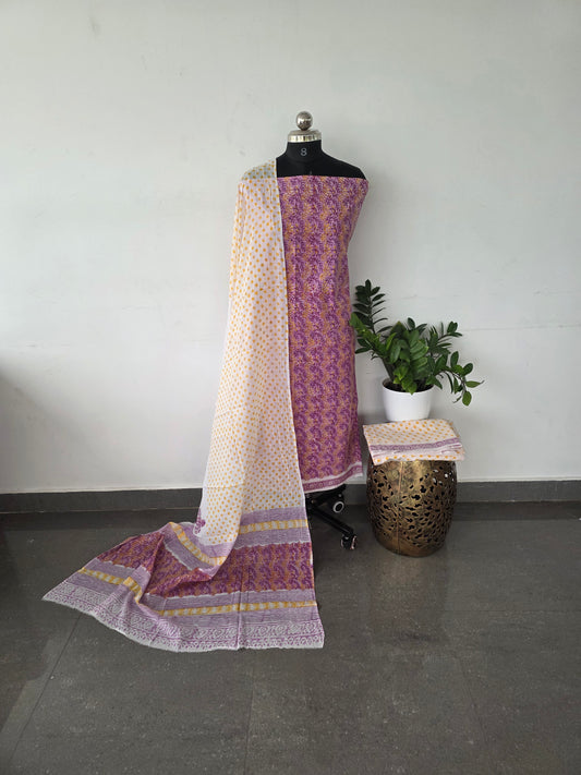 Jaipuri handblock cotton set - pink with white 3