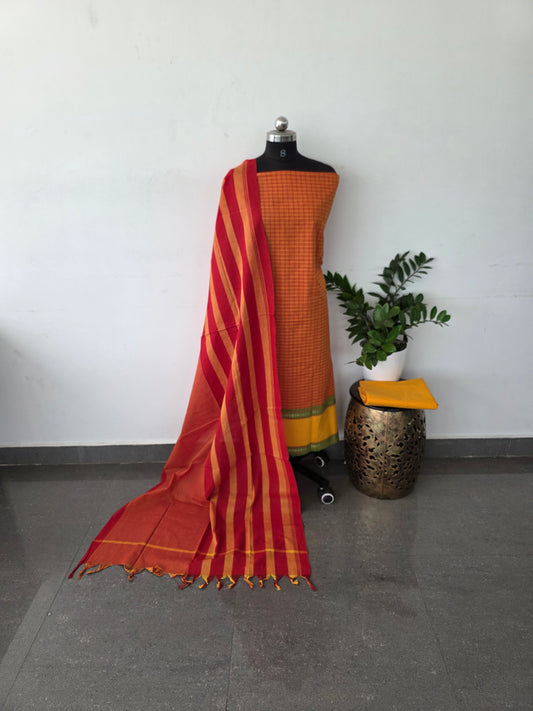 Handloom pure cotton checks set with ethnic border - yellow