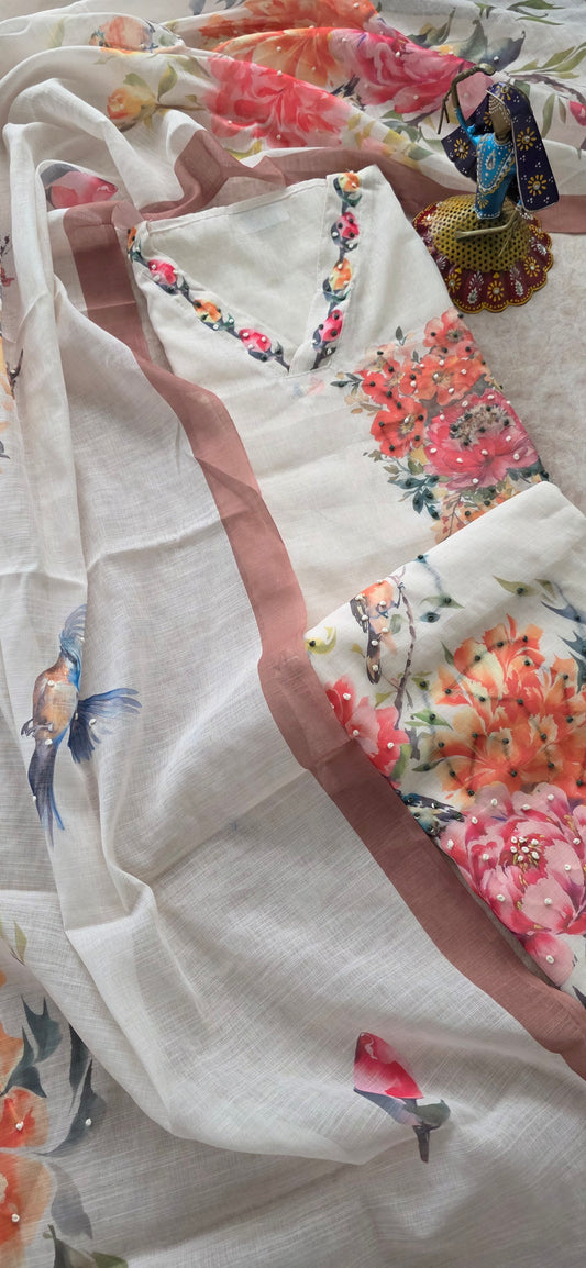 Premium semi stitched linen cotton set - sparrow