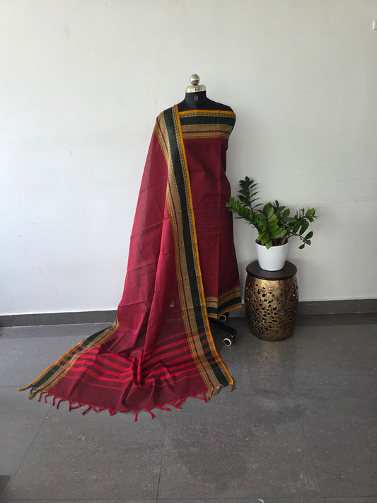 Premium kanchi cotton set [2 pc set ] - maroon with green border