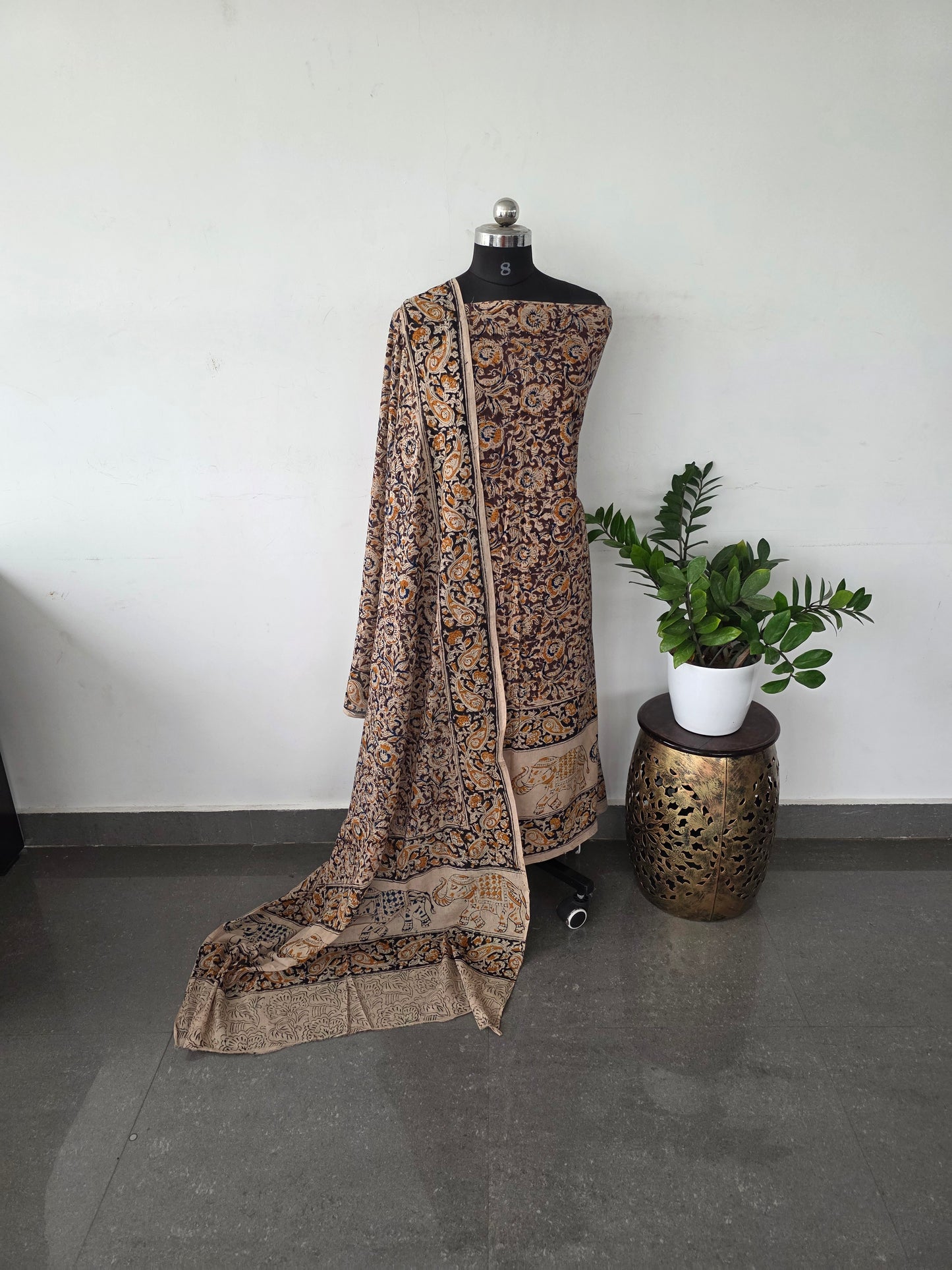 Handblack kalamkari cotton set - brown elephant