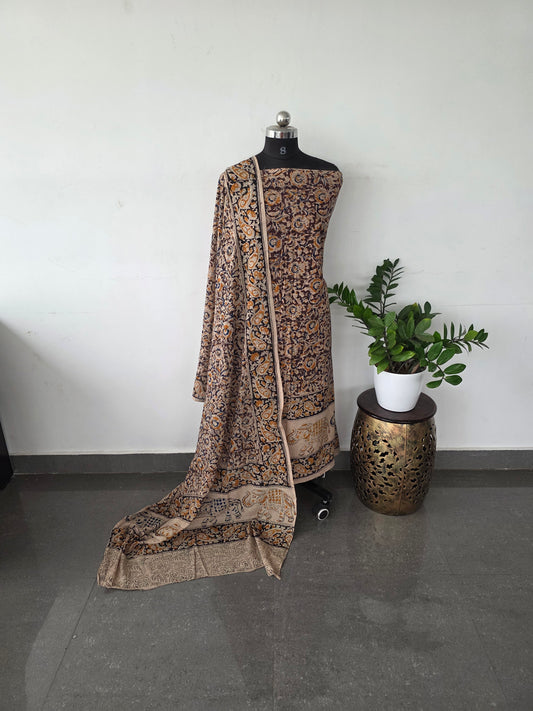 Handblack kalamkari cotton set - brown elephant